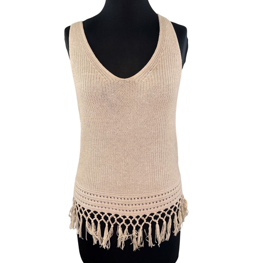 Lilly Pulitzer Dulce Beige Gold Tank Sweater Crochet Tassel Hem Pullover Size XS